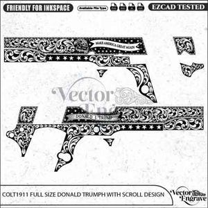 Puede incluir: Un diseño gráfico vectorial en blanco y negro para un arma de fuego Colt 1911 con intrincados patrones de volutas, un águila y pancartas con el texto MAKE AMERICA GREAT AGAIN y DONALD J. TRUMP, junto con estrellas y contornos de componentes.
