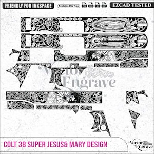 Pode incluir: Um design vetorial digital em preto e branco para uma Colt 38 Super com intrincados motivos florais, representações de Jesus e Maria e iconografia religiosa. O arquivo inclui etiquetas de texto como FRIENDLY FOR INKSPACE e EZCAD TESTED.