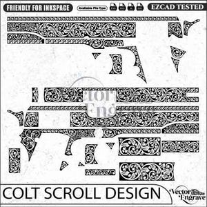 May include: A black and white digital vector file featuring a Colt scroll design with intricate floral patterns. The image includes text labels such as FRIENDLY FOR INKSPACE, Available File Type, PNG, SVG, AI, DXF, EZCAD TESTED, and COLT SCROLL DESIGN.