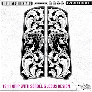May include: A pair of black and white 1911 pistol grips featuring an intricate scrollwork pattern and a central profile illustration of Jesus wearing a crown of thorns. The design includes text labels such as Friendly for Inkscape and Ezcad Tested.