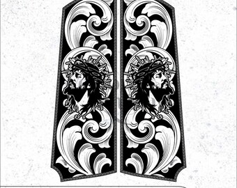 VectorEngrave 1911 Grip Scroll Design With Jesus- Vintage Western Pistol Engraving Design | Ai | Svg | Dxf | Png