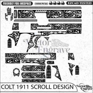 Pode incluir: Um arquivo vetorial digital em preto e branco com um design de volutas para Colt 1911. A imagem exibe vários padrões complexos de flores e vinhas destinados à gravação, com etiquetas de texto incluindo Friendly for Inkscape e EZCAD Tested.