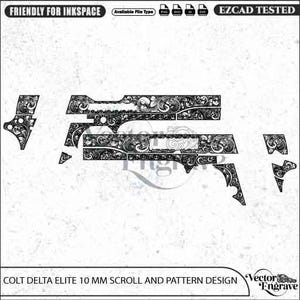 Peut inclure: Un fichier vectoriel numérique en noir et blanc présentant un motif de volutes pour Colt Delta Elite 10 mm. L'image affiche des gravures florales complexes destinées à la personnalisation d'armes, marquées comme compatibles Inkscape et testées EZCAD.