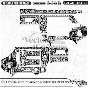 Könnte beinhalten: Ein schwarz-weißes Vektor-Gravurdesign für eine 2-Zoll Colt Cobra Schusswaffe mit komplizierten floralen Rankenmustern, städtischen Straßenszenen und Charakterporträts aus dem Film Scarface, inklusive des Textes Scarface und EZCAD TESTED.