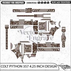 May include: A digital vector engraving pattern for a Colt Python 357 4.25 inch design, featuring intricate dark brown floral scrollwork and cross-hatched textures on a light background. The layout includes various component shapes for firearm customization.