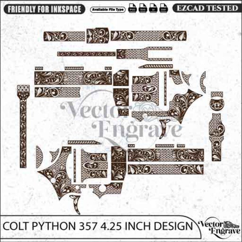 May include: A digital vector engraving pattern for a Colt Python 357 4.25 inch design, featuring intricate dark brown floral scrollwork and cross-hatched textures on a light background. The layout includes various component shapes for firearm customization.