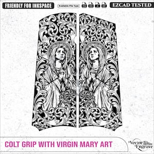 Pode incluir: Um par de painéis de empunhadura de pistola com gráficos vetoriais em preto e branco, apresentando um intrincado design de filigrana em torno de uma ilustração central da Virgem Maria com as mãos postas. Inclui FRIENDLY FOR INKSPACE e EZCAD TESTED.