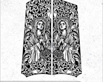 Colt 1911 Grip Engraving: Virgin Mary Art, Scrollwork Design (AI, SVG, DXF, Png)