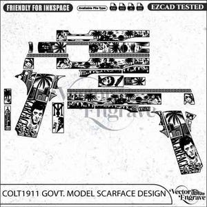 Puede incluir: Un diseño de grabado vectorial en blanco y negro para una pistola Colt 1911 Government, con imágenes de la película Scarface, palmeras, horizontes urbanos y el texto Scarface. El diseño incluye múltiples paneles para diferentes partes del arma.