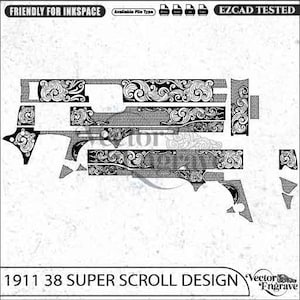 Könnte beinhalten: Eine digitale Schwarz-Weiß-Vektordatei mit einem 1911 38 Super Scroll-Design. Das Bild zeigt komplizierte florale Rankenmuster und punktierte Texturen, die in Segmenten für Gravuren angeordnet sind, mit dem Text 1911 38 SUPER SCROLL DESIGN.