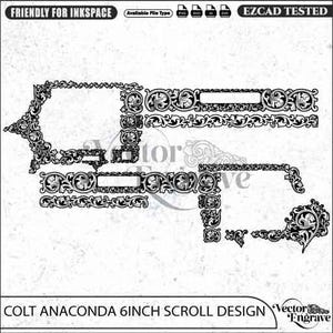 Könnte beinhalten: Eine schwarz-weiße digitale Vektorgrafik mit komplizierten Rankenmustern, die für eine Colt Anaconda 6-Zoll-Schusswaffe entworfen wurden. Das Bild enthält verschiedene verzierte Randsegmente und Eckverzierungen sowie die Textbeschriftungen FRIENDLY FOR INKSPACE, EZCAD TESTED und COLT ANACONDA 6INCH SCROLL DESIGN.