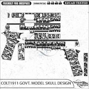 May include: A black and white vector engraving pattern for a Colt 1911 government model pistol, featuring a dense skull motif. The design includes various component layouts for the slide, frame, and grips, labelled with text including EZCAD TESTED.