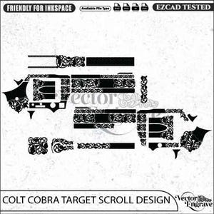 Könnte beinhalten: Eine schwarz-weiße digitale Vektordatei mit einem Colt Cobra Ziel-Scroll-Design. Das Bild zeigt verschiedene gravierte Musterkomponenten für einen Revolver, einschließlich floraler Schnörkel, mit den Texten FRIENDLY FOR INKSPACE und EZCAD TESTED.