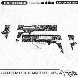 May include: A black and white digital vector file featuring a detailed scrollwork engraving pattern for a Colt Delta Elite 10 mm pistol. The design includes various firearm component shapes adorned with intricate floral and vine motifs.