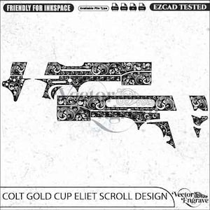 May include: A black and white digital vector graphic featuring a Colt Gold Cup pistol silhouette adorned with intricate scrollwork patterns. The design includes multiple components of the firearm layout, with text labels reading FRIENDLY FOR INKSPACE, EZCAD TESTED, and COLT GOLD CUP ELIET SCROLL DESIGN.