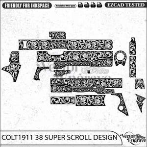 Peut inclure: Un fichier vectoriel numérique noir et blanc présentant un motif de volutes pour Colt 1911 38 Super. L'image affiche divers composants de motifs gravés pour la personnalisation d'armes, avec le texte FRIENDLY FOR INKSPACE et EZCAD TESTED.