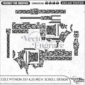 May include: A digital vector file set featuring a black and white scrollwork pattern designed for a Colt Python 357 4.25 inch revolver. The layout includes various component shapes with intricate floral engravings, labeled as friendly for Inkscape and EZCAD.