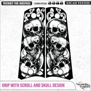 May include: A black and white vector graphic design featuring two vertical panels, each displaying a stack of three skulls surrounded by intricate scrollwork. The text reads FRIENDLY FOR INKSPACE, Available File Type, PNG, SVG, AI, DXF, EZCAD TESTED, and GRIP WITH SCROLL AND SKULL DESIGN.