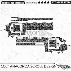 Könnte beinhalten: Eine schwarz-weiße digitale Vektorgrafik mit zwei Colt Anaconda Revolver-Silhouetten, die mit einem komplizierten floralen Rankenmuster bedeckt sind. Das Design enthält die Texte FRIENDLY FOR INKSPACE, EZCAD TESTED und COLT ANACONDA SCROLL DESIGN.