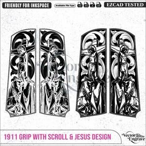 Pode incluir: Um conjunto de quatro designs vetoriais em preto e branco para empunhaduras de pistola 1911 com uma ilustração detalhada de Jesus na cruz com volutas e figuras na base. O texto inclui FRIENDLY FOR INKSPACE, EZCAD TESTED e 1911 GRIP WITH SCROLL & JESUS DESIGN.