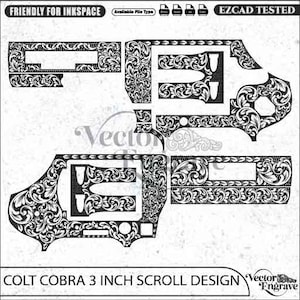 Puede incluir: Un archivo vectorial digital en blanco y negro que presenta un patrón de grabado de volutas detallado diseñado para un revólver Colt Cobra de 3 pulgadas. El gráfico incluye múltiples diseños con motivos florales.
