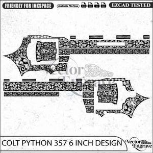 May include: A black and white digital vector engraving design for a Colt Python 357 6 inch revolver. The pattern features intricate floral scrollwork covering the frame, barrel, and cylinder components. Text includes FRIENDLY FOR INKSPACE and EZCAD TESTED.