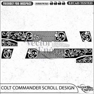 May include: A black and white digital vector file featuring a Colt Commander scroll design. The graphic displays intricate floral scrollwork patterns and a textured fish-scale background, organised into several distinct segments for engraving.