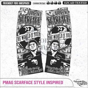 Puede incluir: Un diseño gráfico digital en blanco y negro con la temática de la película Scarface, que muestra a Al Pacino con un arma de fuego, un globo terráqueo y patrones de billetes. El texto incluye "AL PACINO SCARFACE", "THE WORLD IS YOURS" y "Say Hello To My Little Friend!" con iconos de formato.