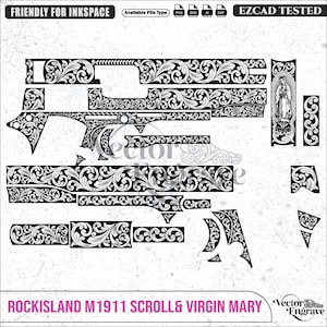 Puede incluir: Un archivo vectorial digital en blanco y negro para grabado láser con intrincados patrones de volutas diseñados para una pistola Rock Island M1911. El diseño incluye una representación detallada de la Virgen María y varias plantillas.