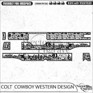 Puede incluir: Un diseño vectorial digital en blanco y negro con ilustraciones de temática western que incluyen vaqueros, cactus, carretas y el texto "HOWDY" y "COWBOY". El gráfico está organizado en franjas horizontales y segmentos rectangulares.