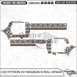 May include: A digital vector graphic file featuring a detailed scrollwork pattern designed for a Colt Python 357 Magnum. The brown ornate engraving motifs are arranged in segments to fit the firearm's frame, barrel, and grip, with text labels.