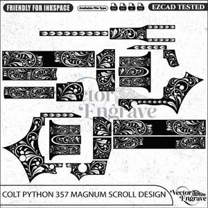 May include: A black and white digital vector file for a Colt Python 357 Magnum scroll design. The image displays various intricate floral and leaf engraving patterns arranged in sections, with text labels including Friendly for Inkscape and Ezcad Tested.