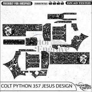 May include: A black and white digital vector engraving pattern for a Colt Python 357 revolver, featuring intricate floral scrollwork, depictions of Jesus, crosses, and religious imagery. The layout includes various component shapes for firearm customization.