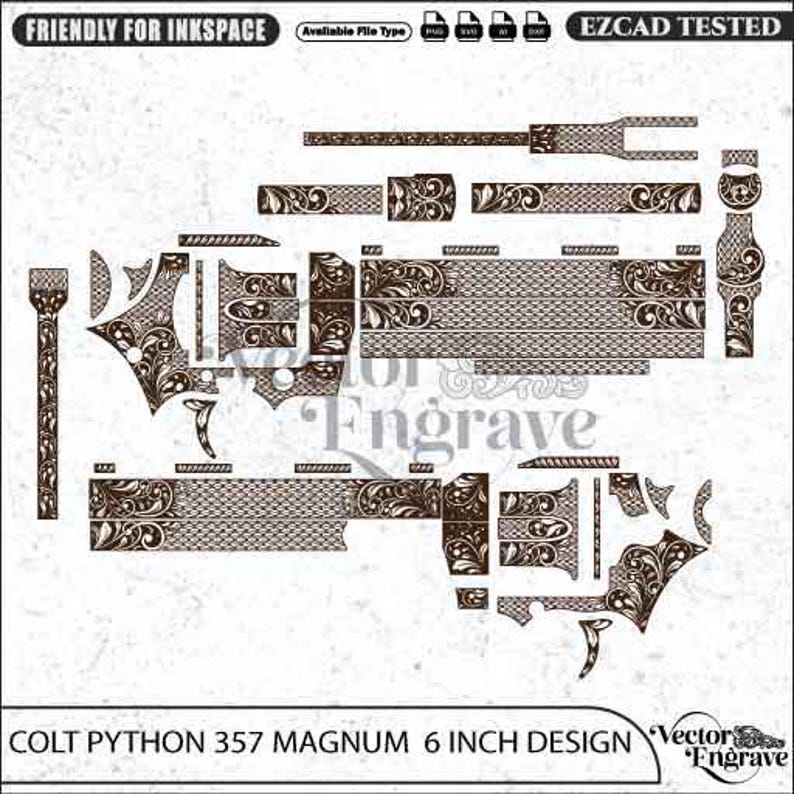 May include: A digital vector file design for a Colt Python 357 Magnum 6 inch revolver, featuring intricate floral scrollwork patterns in dark brown on a light background. The layout includes various disassembled component parts for engraving.