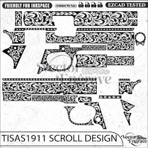 May include: A black and white digital vector file featuring a Tisas 1911 scroll design with intricate floral patterns. The image includes text labels such as FRIENDLY FOR INKSPACE, Available File Type, EZCAD TESTED, and TISAS1911 SCROLL DESIGN.
