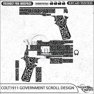 May include: A black vector graphic design of a Colt 1911 pistol featuring intricate scrollwork patterns. The image includes various disassembled parts of the firearm, text labels like FRIENDLY FOR INKSPACE and EZCAD TESTED, and file format icons.