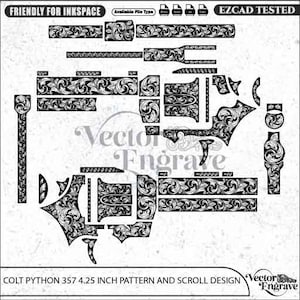 May include: A black and white digital vector file featuring a detailed scrollwork pattern designed for a Colt Python 357 4.25 inch revolver. The image displays various component outlines filled with intricate floral engravings and text labels.
