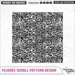 May include: A black and white digital graphic featuring a dense, repeating filigree scroll pattern design. The image includes text labels stating FRIENDLY FOR INKSPACE, Available File Type, PNG, SVG, AI, DXF, EZCAD TESTED, and FILIGREE SCROLL PATTERN DESIGN.
