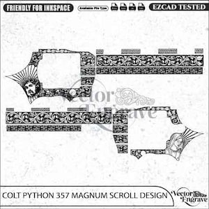 May include: A black and white digital vector engraving pattern designed for a Colt Python 357 Magnum. The design features intricate floral scrollwork, a portrait of a bearded man with a sunburst, and a portrait of a woman with a sunburst.