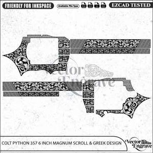 May include: A black and white digital vector file featuring a Colt Python 357 6 inch magnum scroll and Greek design. The graphic includes intricate floral scrollwork patterns and geometric borders, labeled as friendly for Inkscape and EZCAD tested.