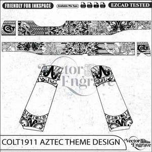May include: A black and white digital vector design for a Colt 1911 pistol, featuring intricate Aztec-inspired patterns, calendar motifs, and warrior figures. The layout includes two long slide panels and two grip panels, all labeled with the Colt logo.