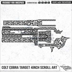 Könnte beinhalten: Eine schwarz-weiße digitale Vektordatei mit dem Titel COLT COBRA TARGET 4INCH SCROLL ART, die komplizierte florale Rankenmuster für die Revolvergravur zeigt, mit Hinweisen auf die Kompatibilität mit den Formaten PNG, SVG, AI und DXF.