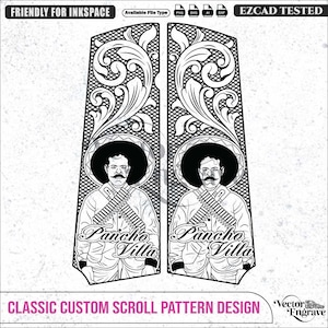 May include: A black and white vector design featuring two identical vertical panels with intricate scrollwork patterns. Each panel depicts a portrait of Pancho Villa wearing a sombrero and bandoliers, with the text Pancho Villa written below.