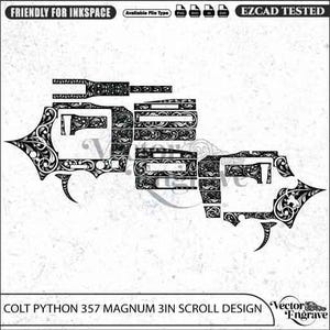 May include: A black and white digital vector file featuring a scrollwork pattern for a Colt Python 357 Magnum 3in revolver. The design includes intricate floral engravings for the frame, barrel, and cylinder, with text labels indicating file compatibility.
