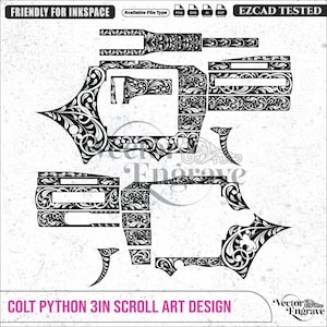 May include: A black and white digital vector file featuring a Colt Python 3in scroll art design. The graphic displays intricate floral engraving patterns laid out in separate components for a revolver, with text labels including Friendly for Inkscape and Ezcad Tested.
