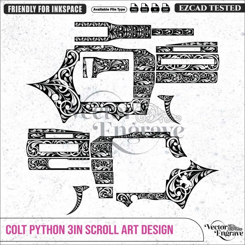 May include: A black and white digital vector file featuring a Colt Python 3in scroll art design. The graphic displays intricate floral engraving patterns laid out in separate components for a revolver, with text labels including Friendly for Inkscape and Ezcad Tested.