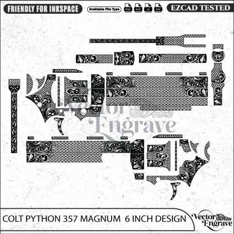 May include: A black and white digital vector file for a Colt Python 357 Magnum 6 inch design. The image displays various disassembled component patterns featuring intricate floral scrollwork engravings, labeled as friendly for Inkscape and EZCAD tested.
