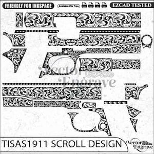 May include: A black and white digital vector file featuring a Tisas 1911 scroll design. The image displays various intricate floral engraving patterns arranged for firearm components, with text labels including FRIENDLY FOR INKSPACE and EZCAD TESTED.