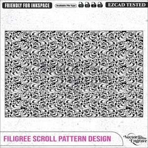May include: A black and white digital graphic featuring a dense, repeating filigree scroll pattern design. The top border includes text reading FRIENDLY FOR INKSPACE, Available File Type, PNG, SVG, AI, DXF, and EZCAD TESTED. The bottom text reads FILIGREE SCROLL PATTERN DESIGN.