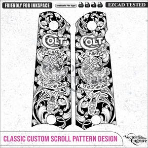 May include: A pair of black and white pistol grip panels featuring intricate scrollwork, the Colt 45 logo, the Mexican coat of arms, and a hummingbird motif. The design includes the text CHICHIMECA and TEYAOCHIUANI, presented as a vector graphic.
